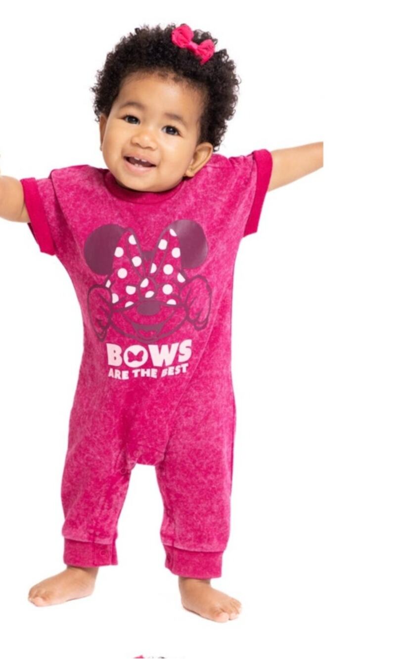 Disney Baby sz 12M Minnie Mouse Washed Magenta/purple romper Bows Are The Best